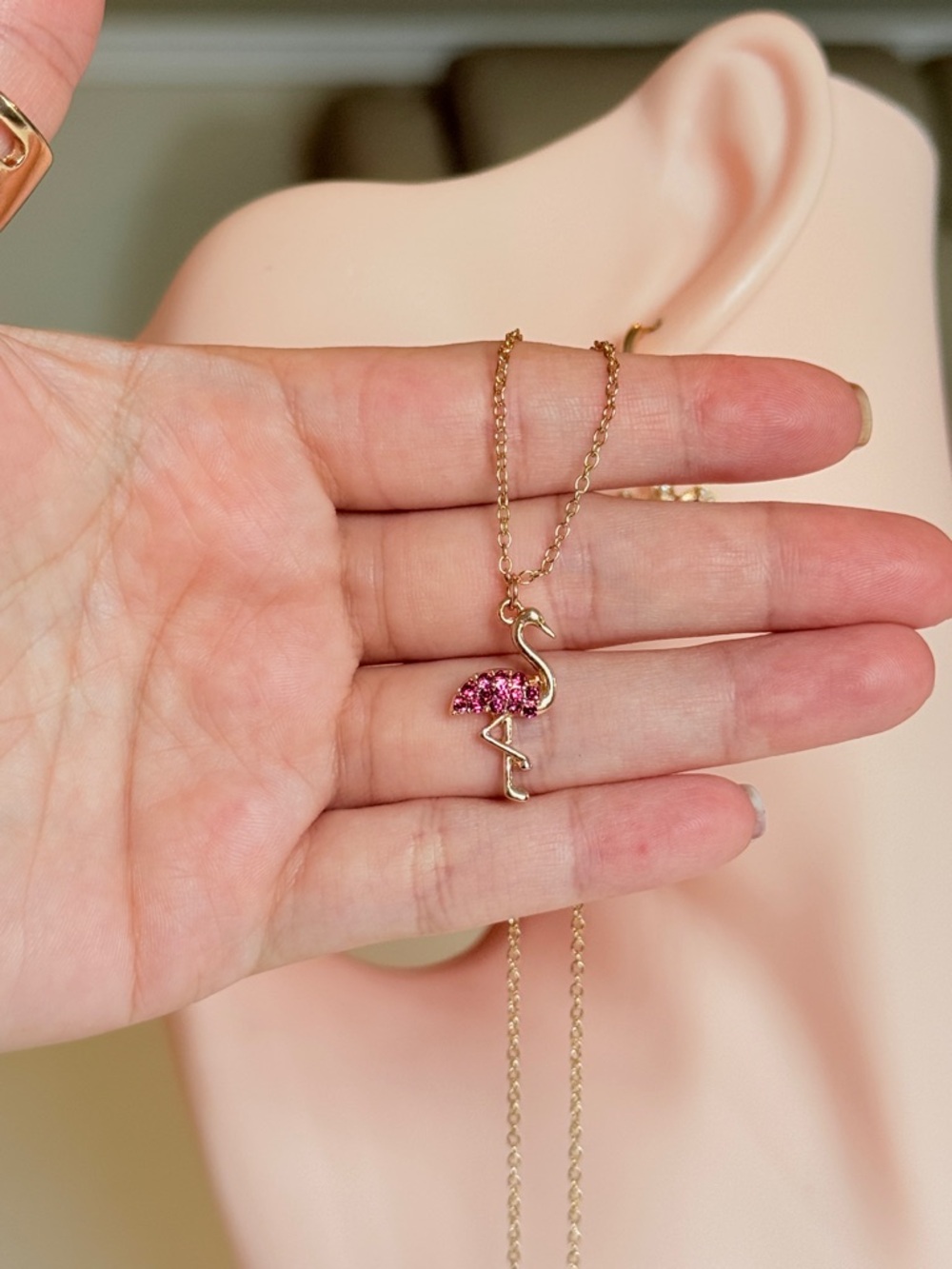 Gold Flamingo Pendant Necklace with Pink Stones - Picture 6 of 9